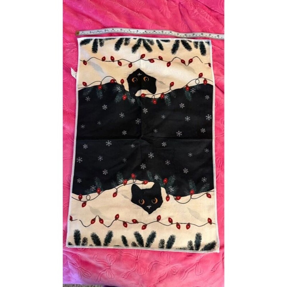 Black Cat Christmas Kitchen Towel Snowflake Holiday Lights Microfiber 18x25